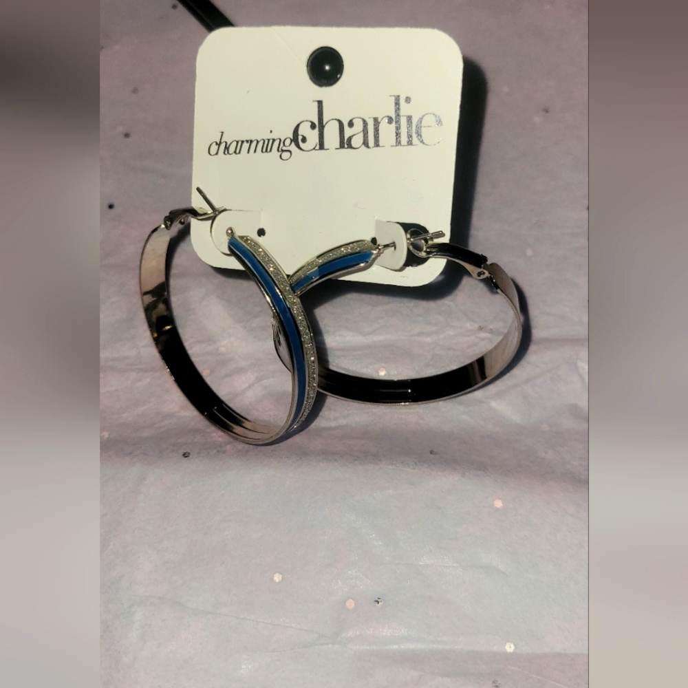 NWT Charming Charlie Hoop Style Earrings Blue w/silver accents